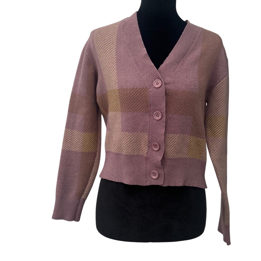 Witty Fox Mauve Plaid Cropped Cardigan Sweater V-Neck Button Front Small